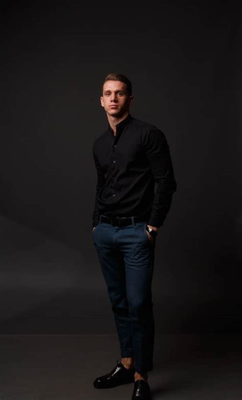 black shirt with navy pants.